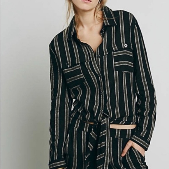 Free People Gray Brown Striped Sensual Wrapped Jumpsuit - Picture 3 of 9